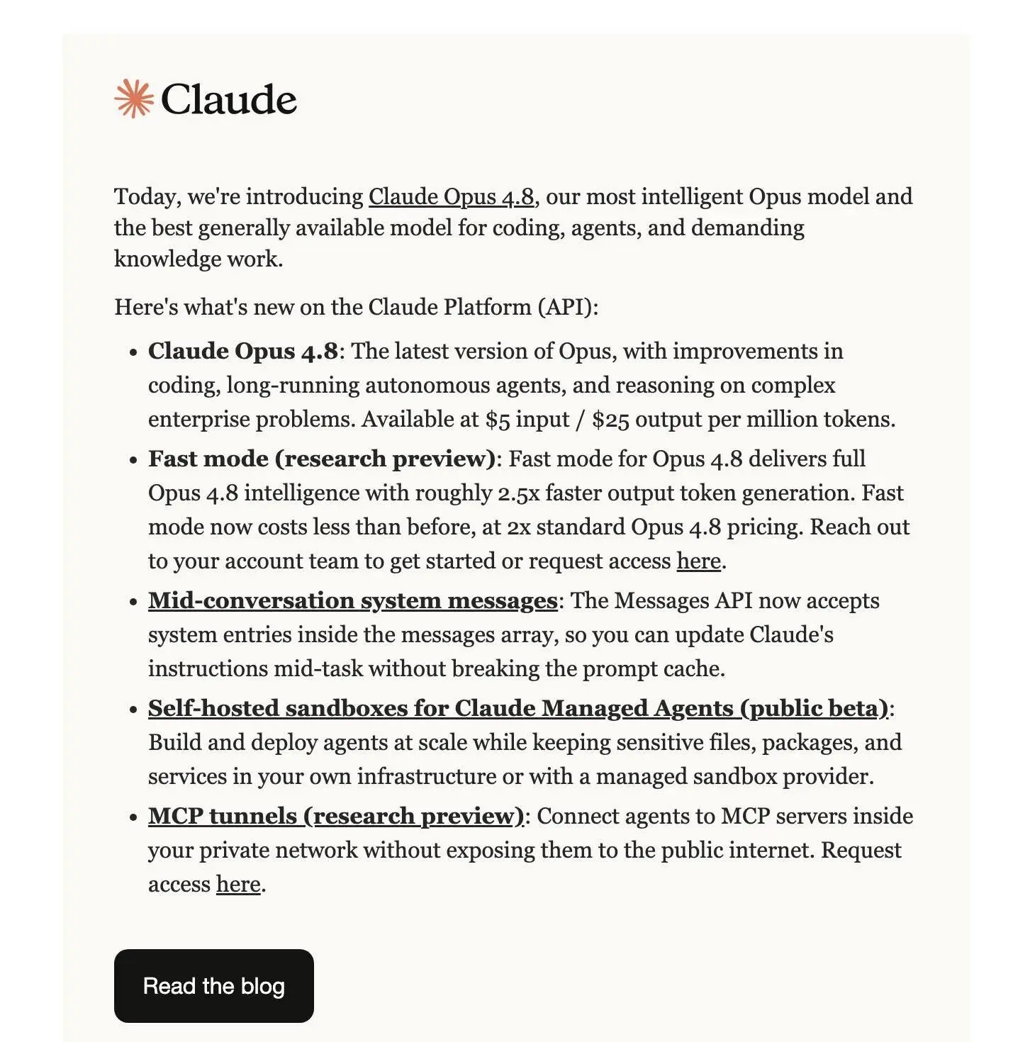Claude Opus 4.8 與平台更新公告